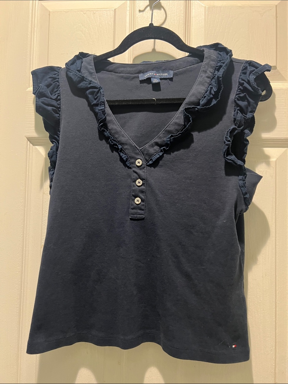Tommy Hilfiger Navy Ruffle Trim Sleeveless Henley Blouse